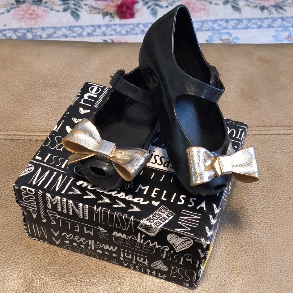 Kids Flats with Black and Gold Bow